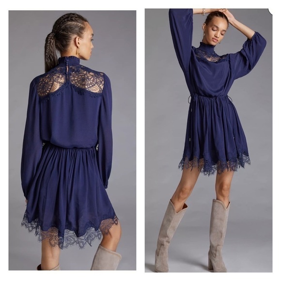 NWT MAGALI PASCAL x Revolve Clemence Lace Mini Dress Long Sleeve Navy Blue Small - Picture 2 of 8